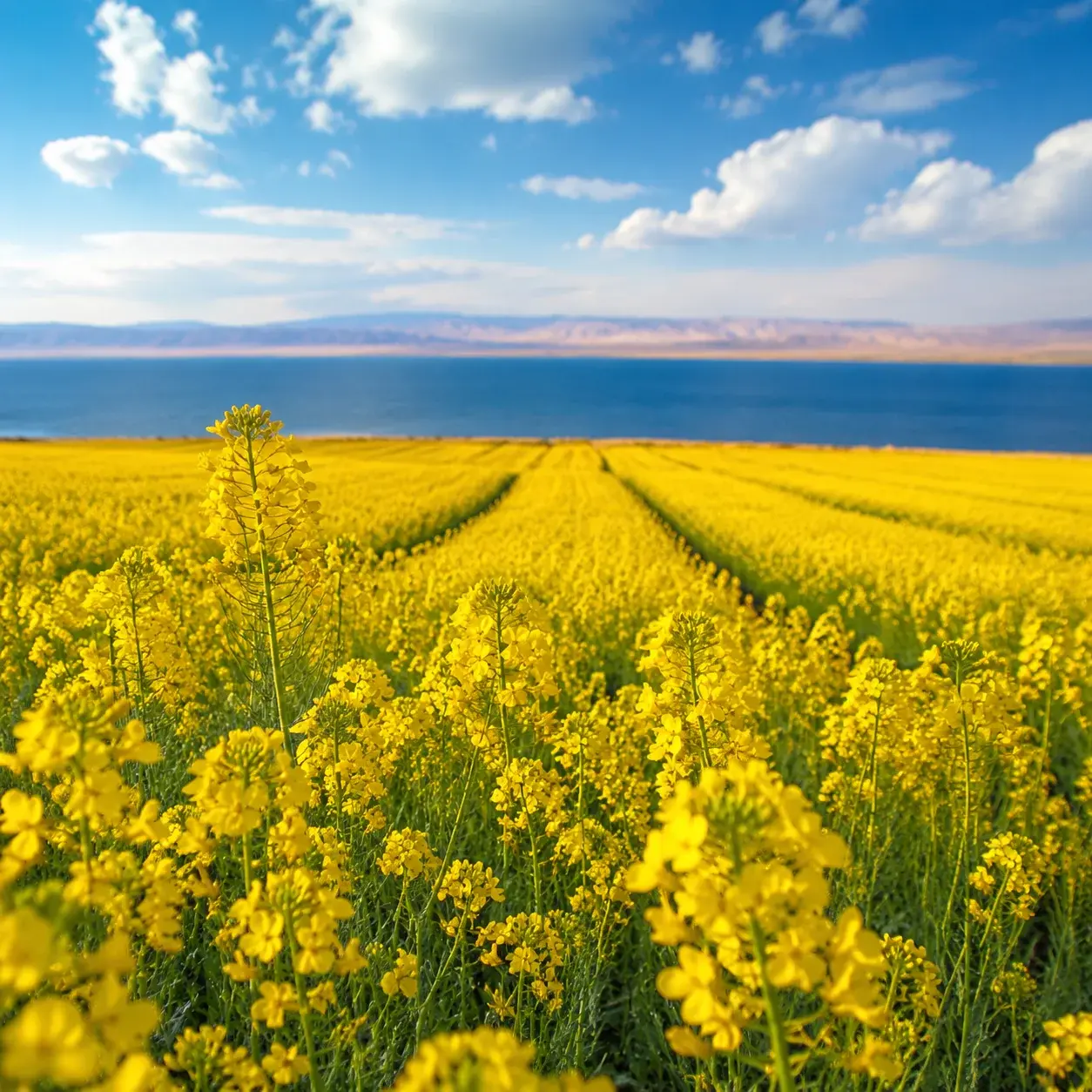 Golden rapeseed flowers in peak July bloom along the shore of Qinghai Lake