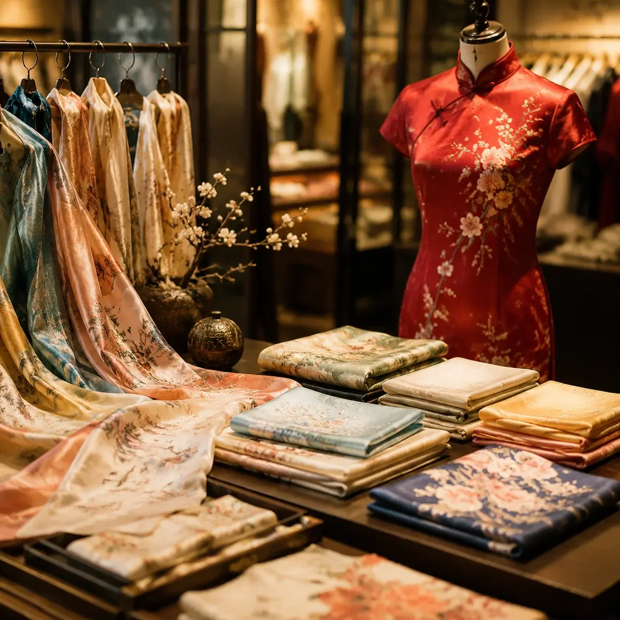 Genuine silk scarves and an embroidered qipao displayed in a shop