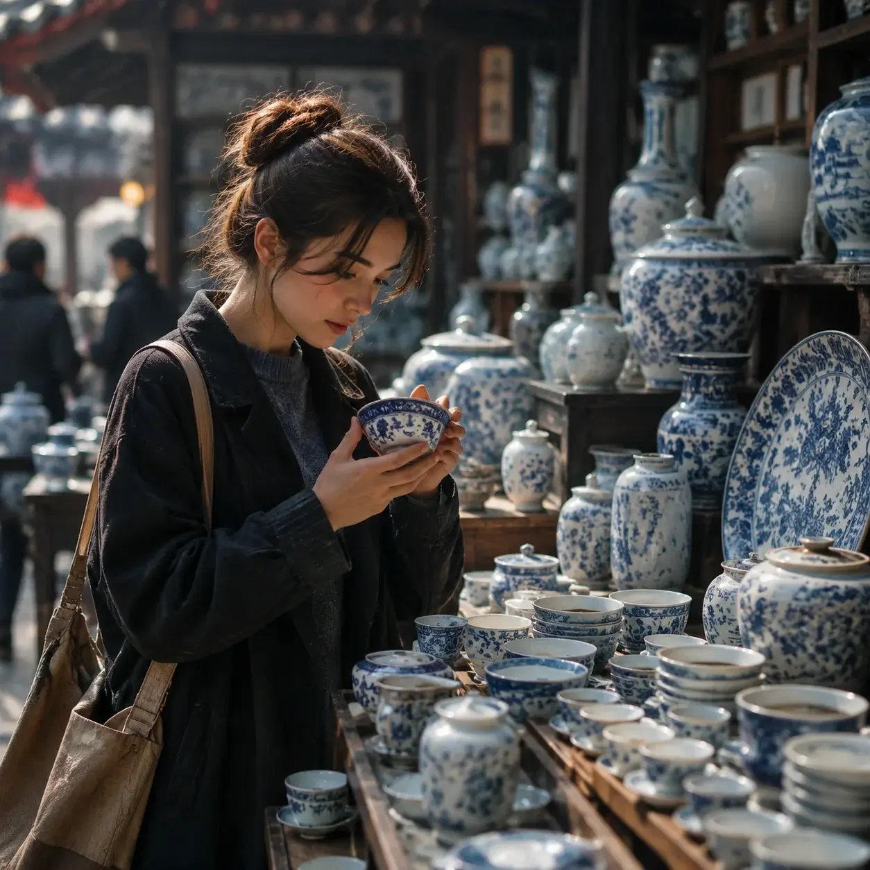 A traveler inspects blue-and-white porcelain at a busy market stall in Jingdezhen.