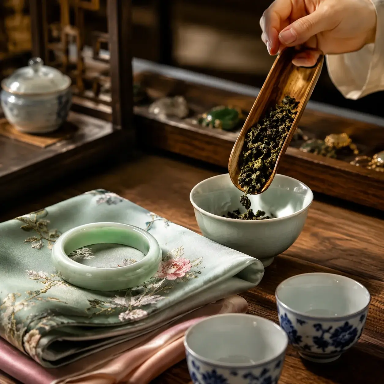 Loose-leaf tea, a jade bangle, silk fabric, and blue-and-white porcelain displayed on a wooden table in a Chinese craft shop.