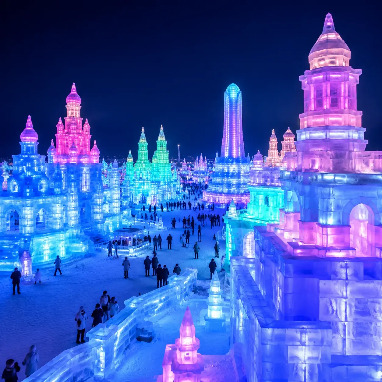 Illuminated ice castles glowing in blue and purple light at Harbin Ice and Snow World at night