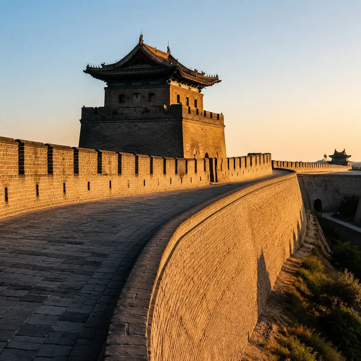 The intact Ming-era rampart of Pingyao Ancient City glowing in late-afternoon light
