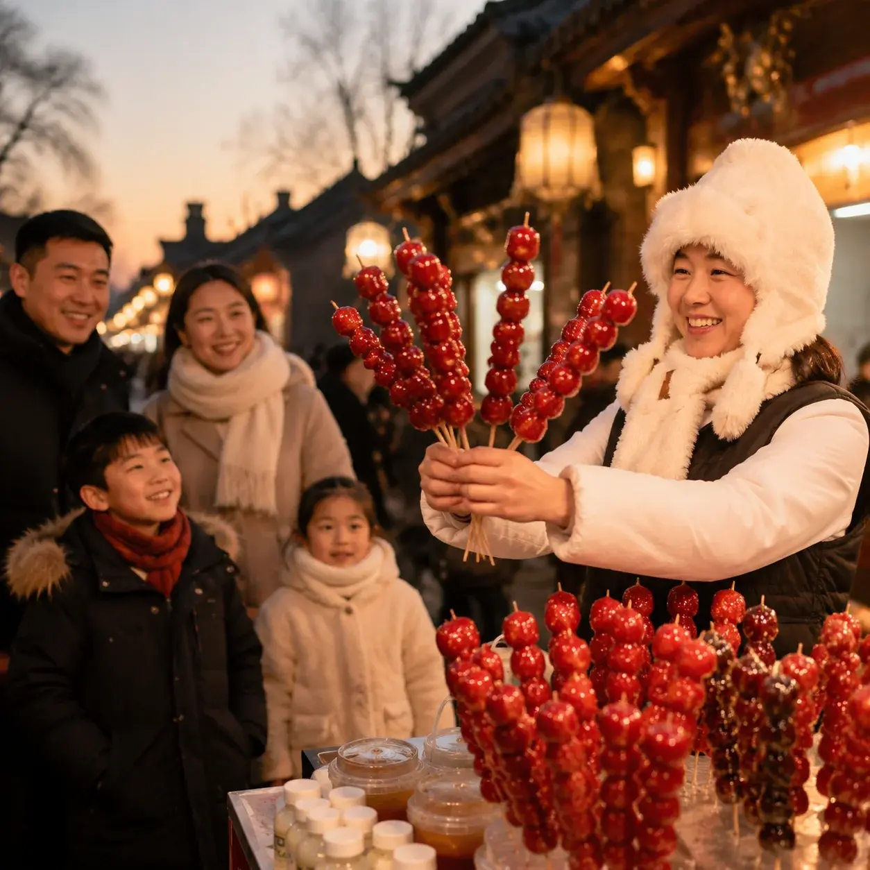 Glossy candied-hawthorn tanghulu skewers at a family-friendly Beijing hutong snack lane