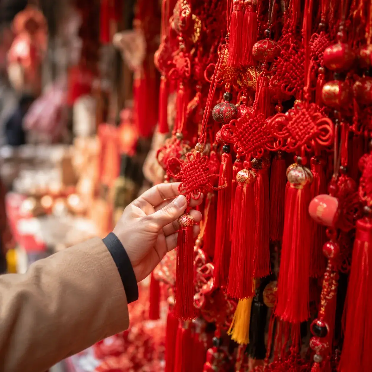 A Chinese market stall crowded with red knotted charms and tassels, with a traveler reaching toward one souvenir.