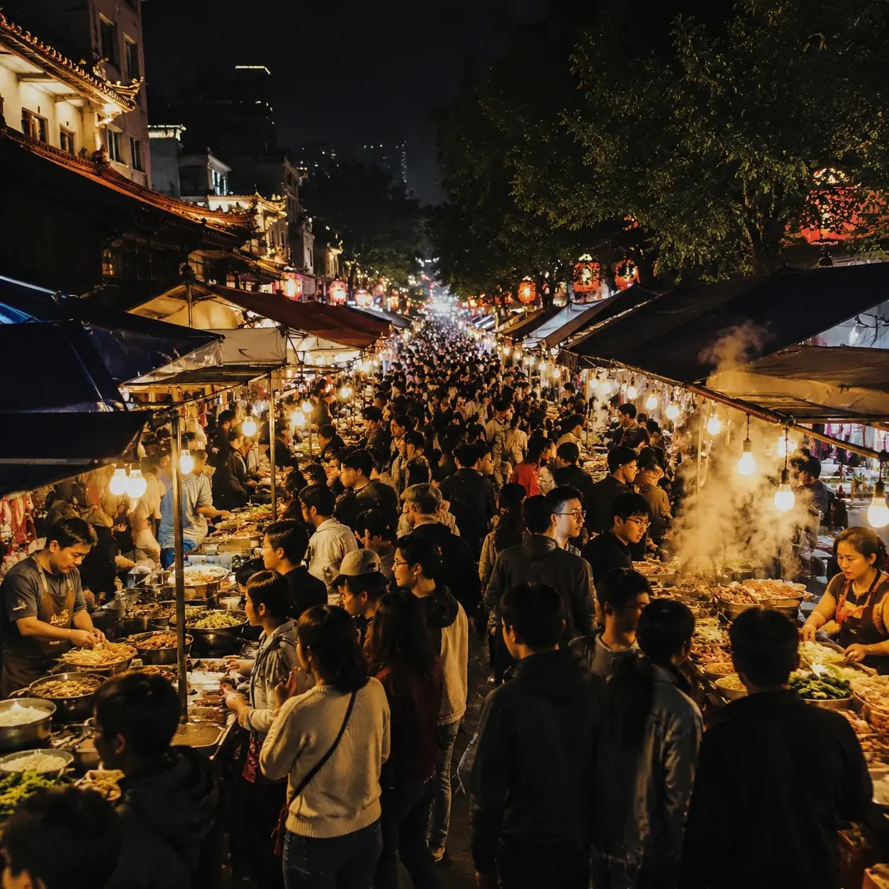 A packed Chinese night market street