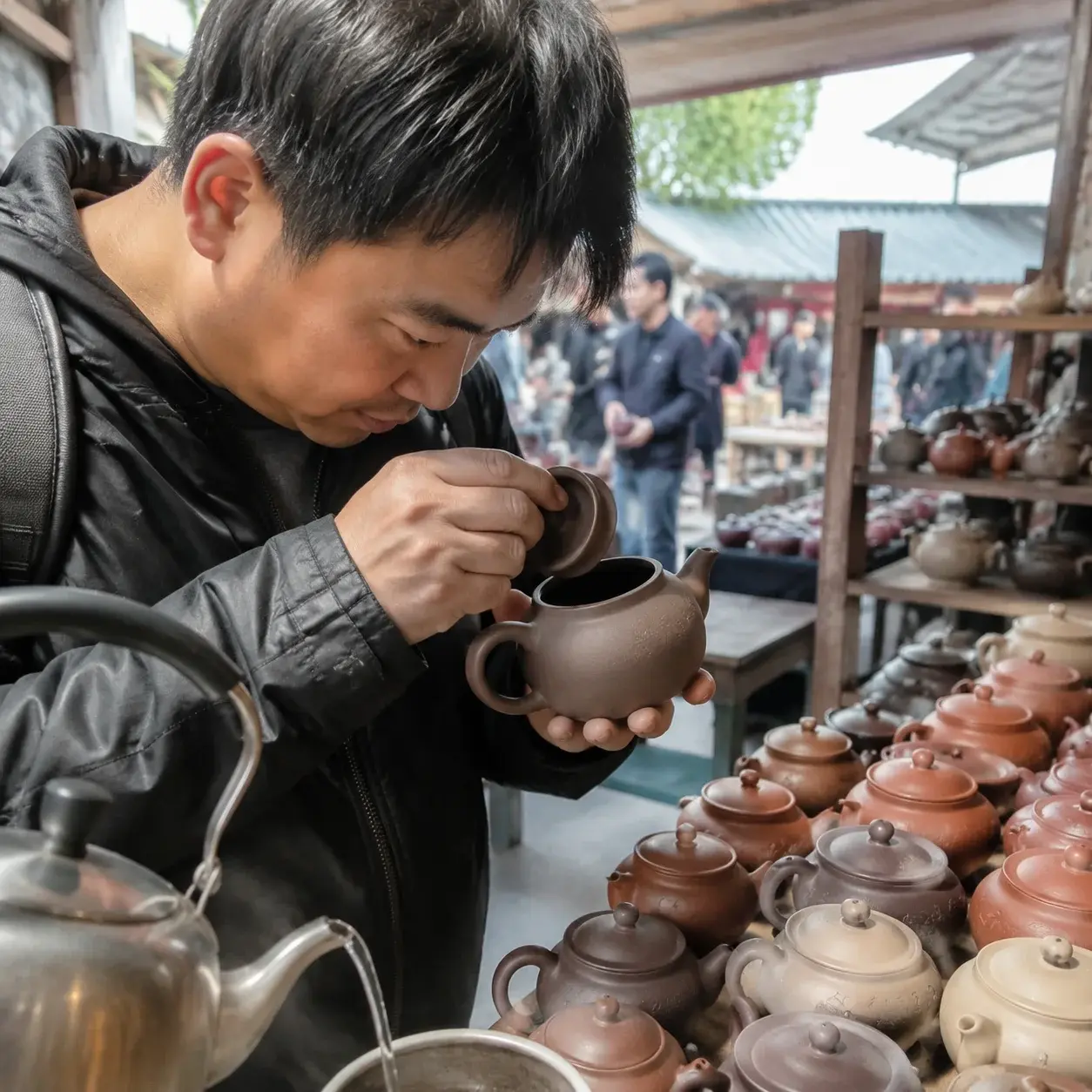 A traveler inspects a small Yixing clay teapot at a crowded market stall lined with zisha tea ware.