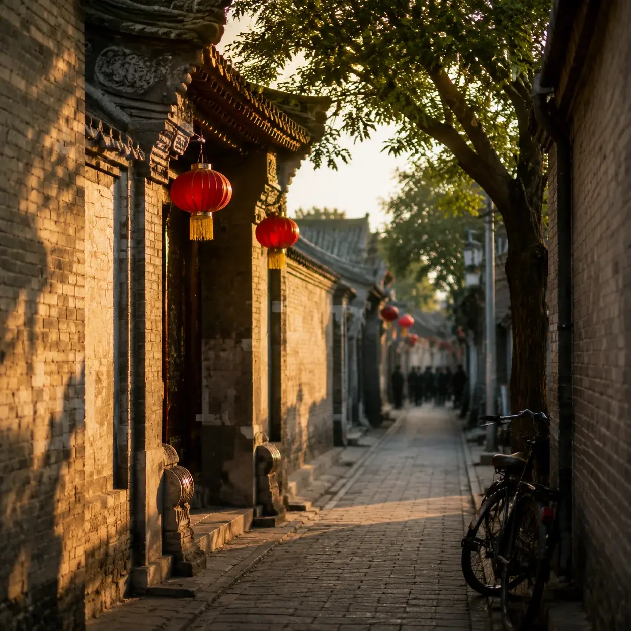 Grey-brick hutong lane in Nanluoguxiang, Beijing, at golden hour