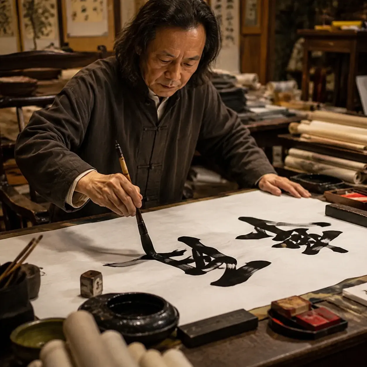 A Chinese calligrapher brushes black ink characters onto white paper at a traditional art shop table.