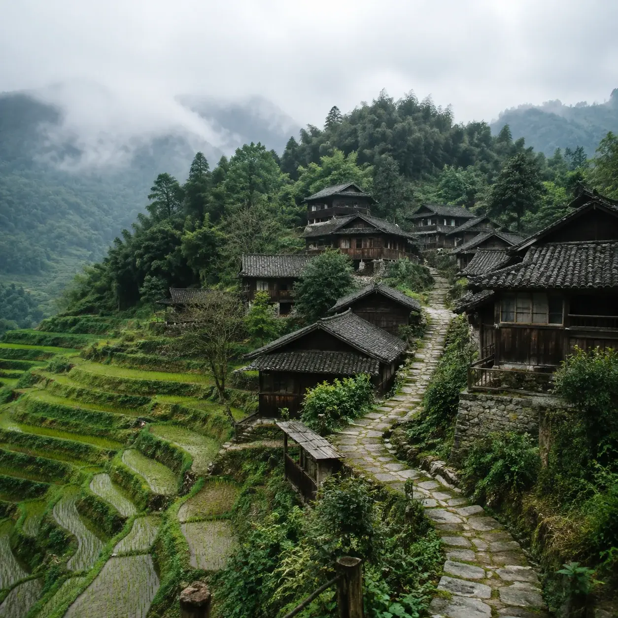 A timber village set among the terraced fields at Longji