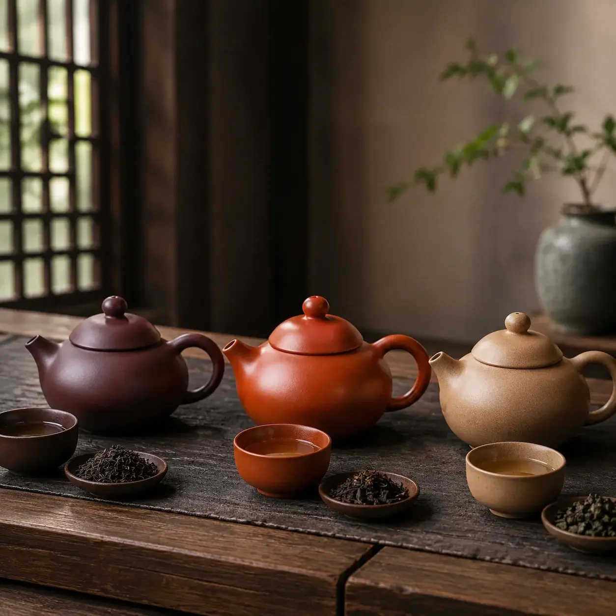 Three Yixing teapots in purple, red, and sandy clay sit on a tea table with cups and loose tea leaves.