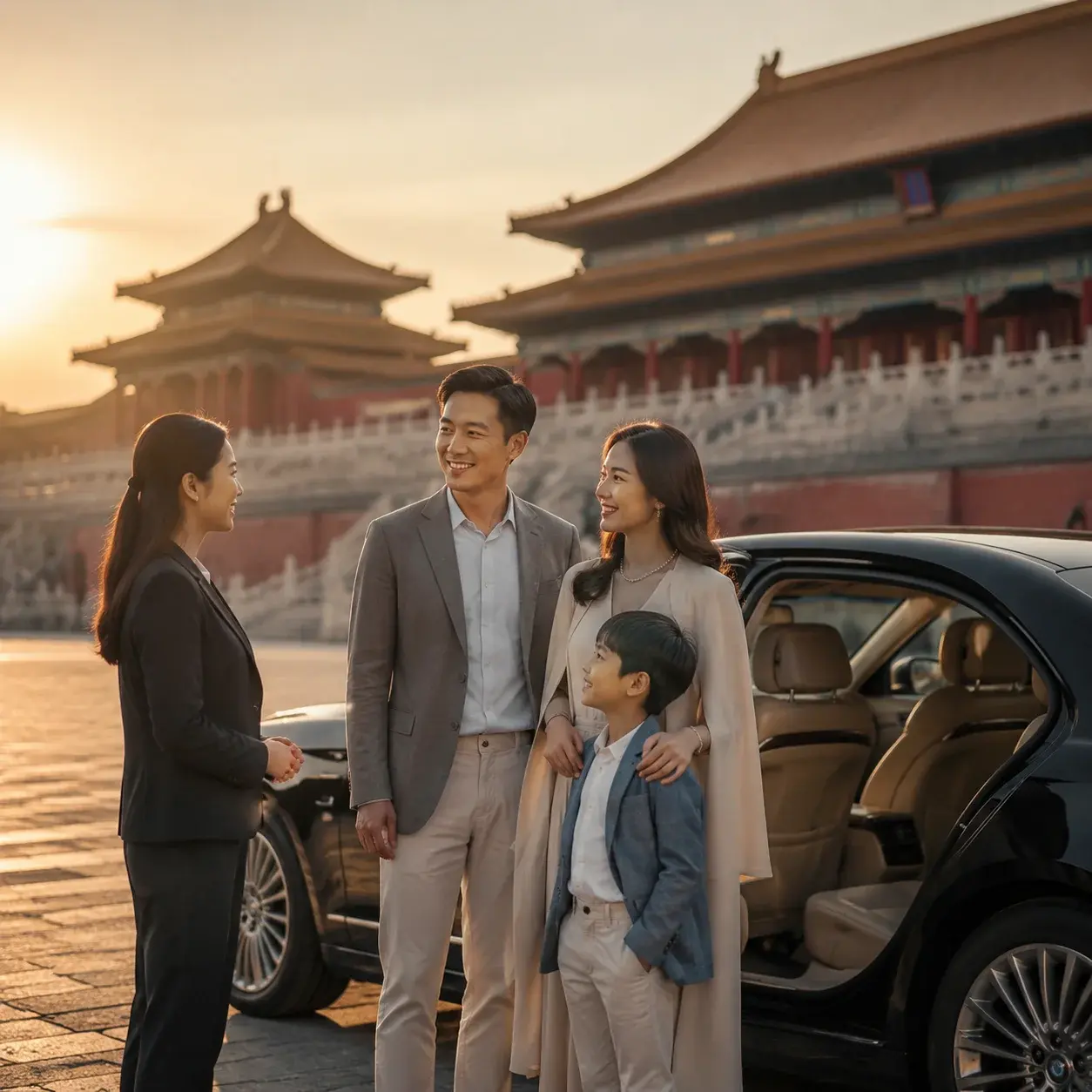 A family with their private guide and chauffeured car at a grand Chinese landmark during a quiet exclusive golden-hour visit