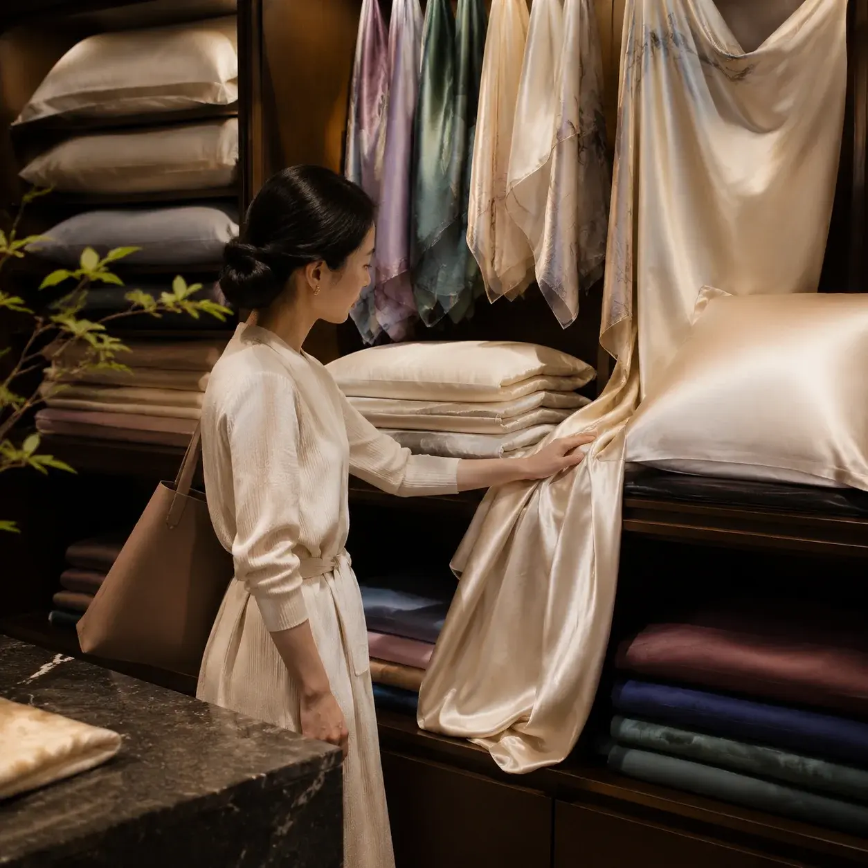 A shopper touching folded silk pillowcases and scarves arranged in a boutique display of lightweight and heavier silk fabrics.