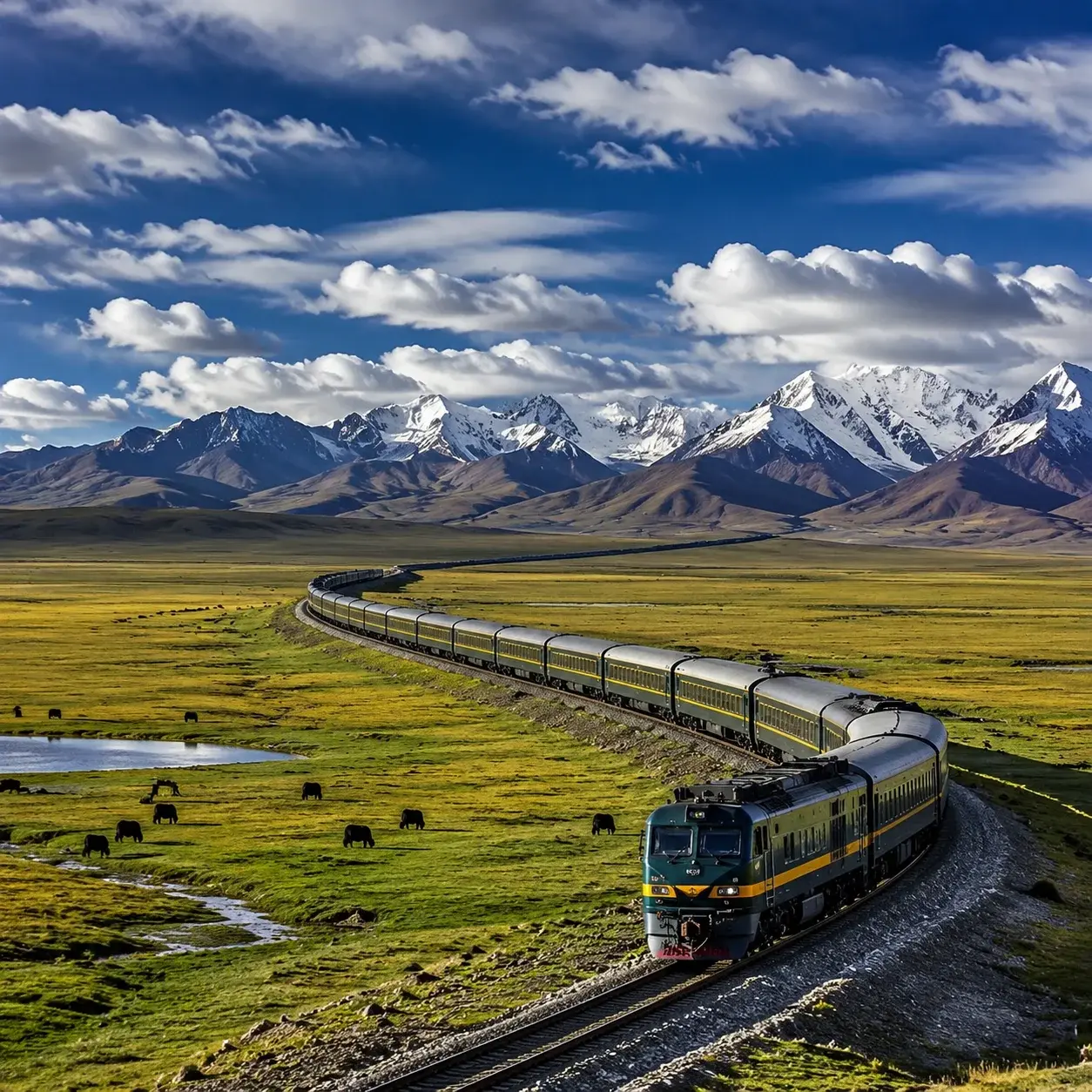 A train crossing the Tibetan Plateau grassland on the Qinghai–Tibet railway