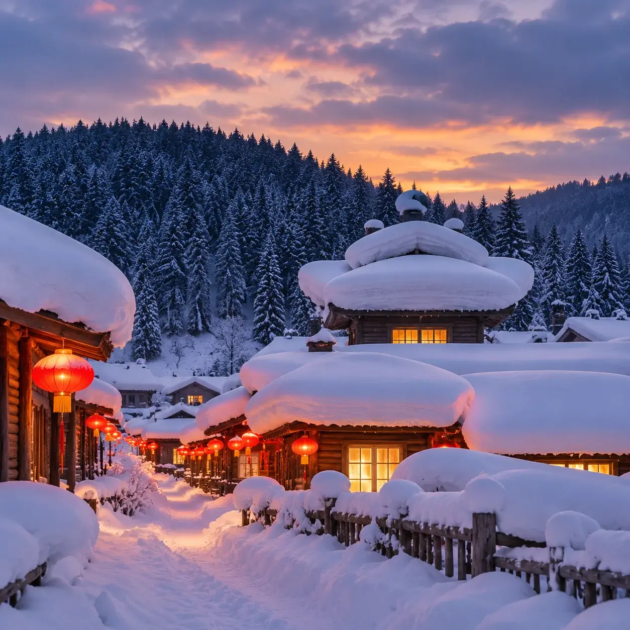 Timber houses under thick caps of snow in a snowbound village in northeast China at dusk