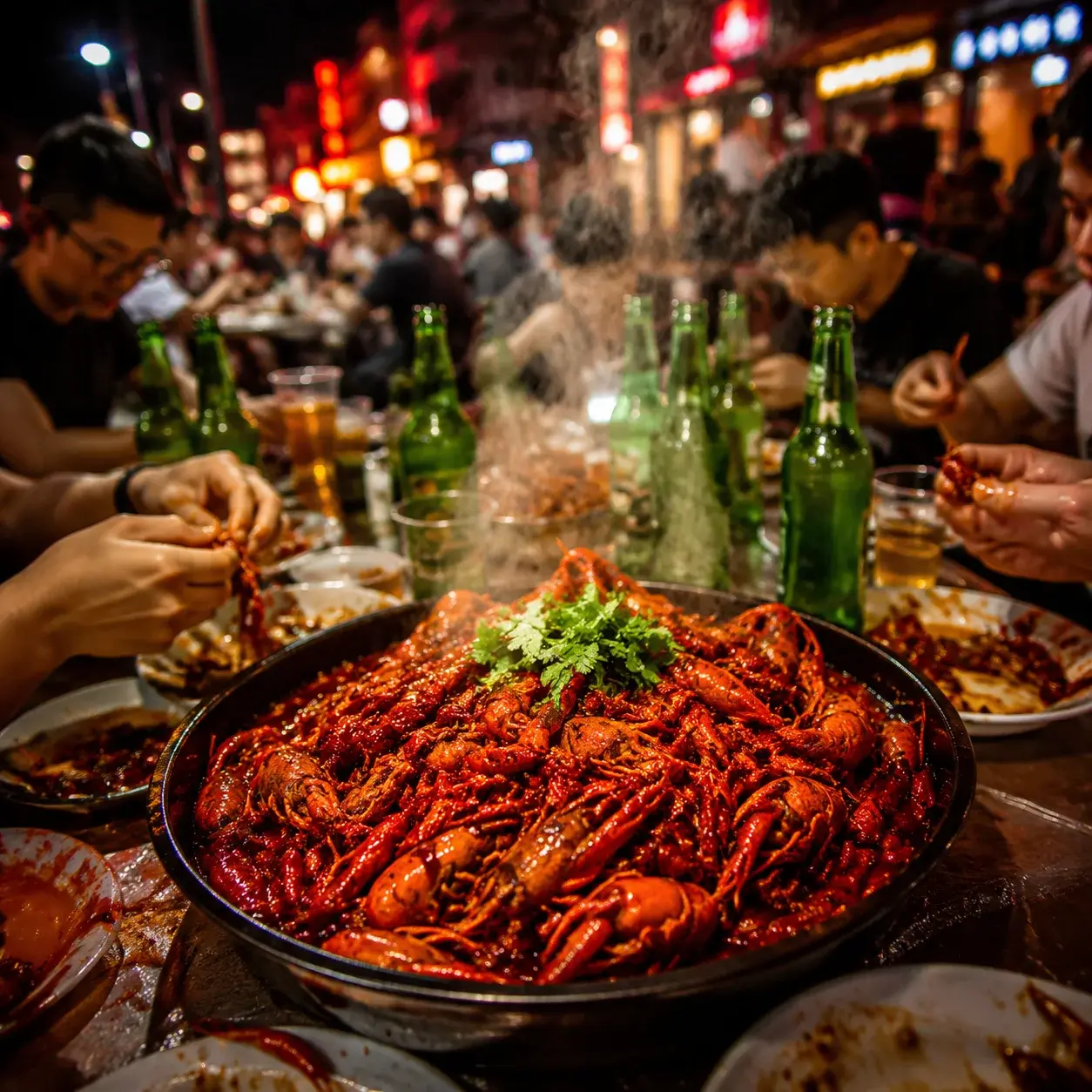 A steaming platter of spicy crayfish on a late-night table at Ghost Street (Guijie)