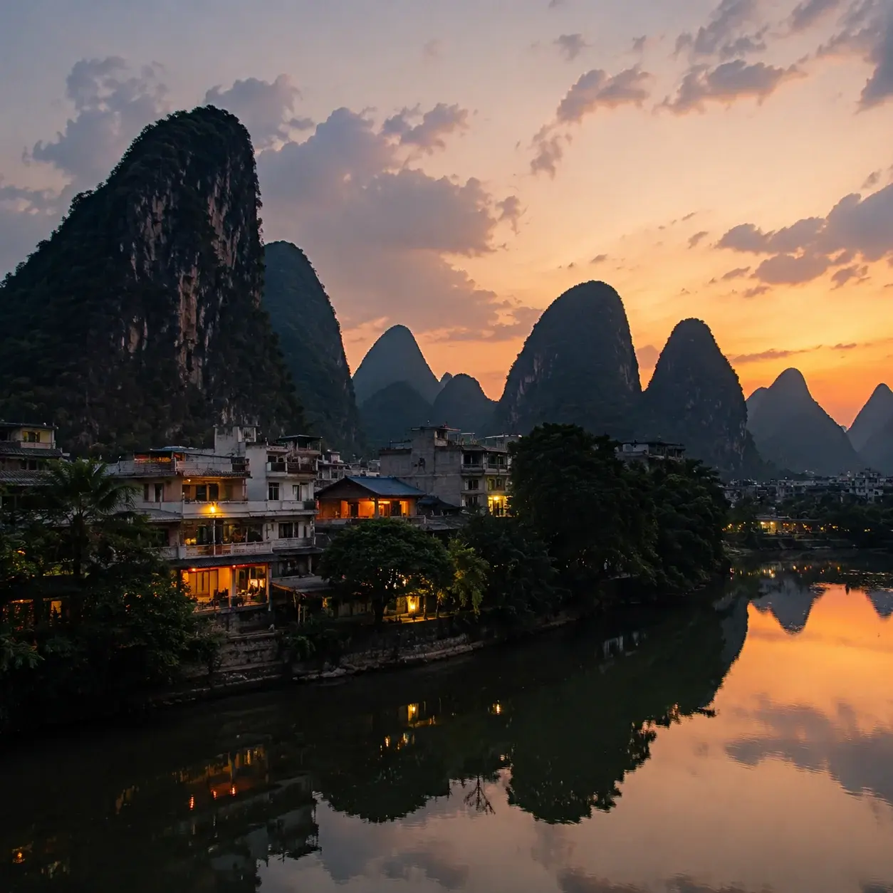 A small town at the foot of karst peaks near Yangshuo at dusk