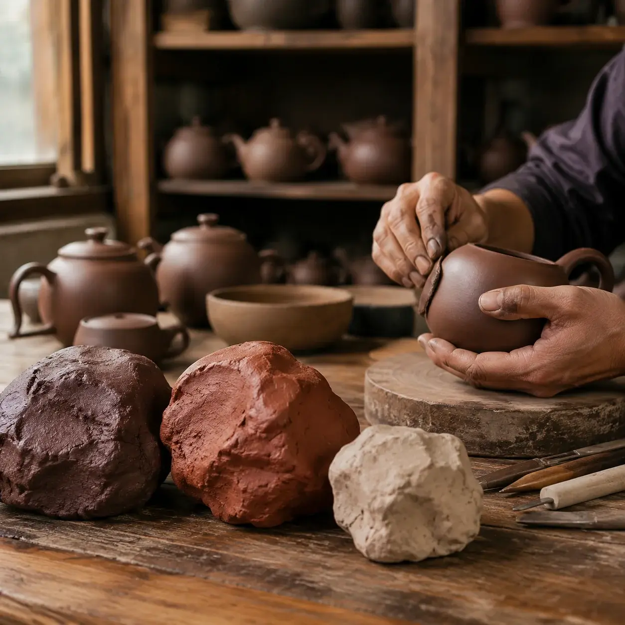 An artisan shapes a handmade Yixing teapot beside raw zisha clay and pottery tools in a workshop.