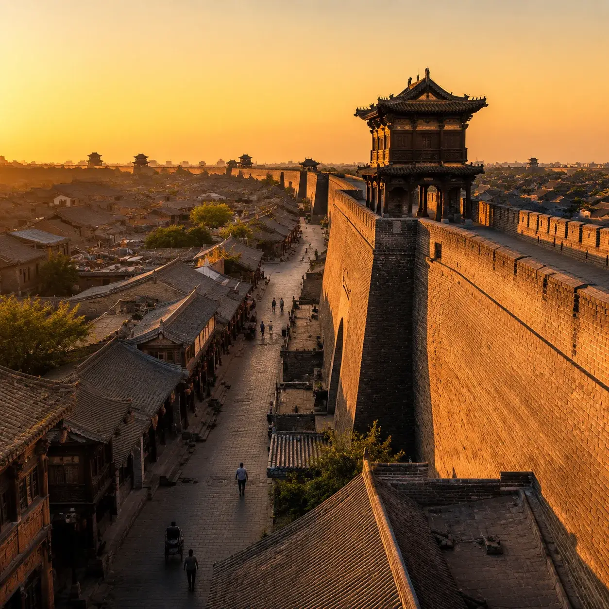 The grey brick walls and old merchant streets of Pingyao ancient city at golden hour