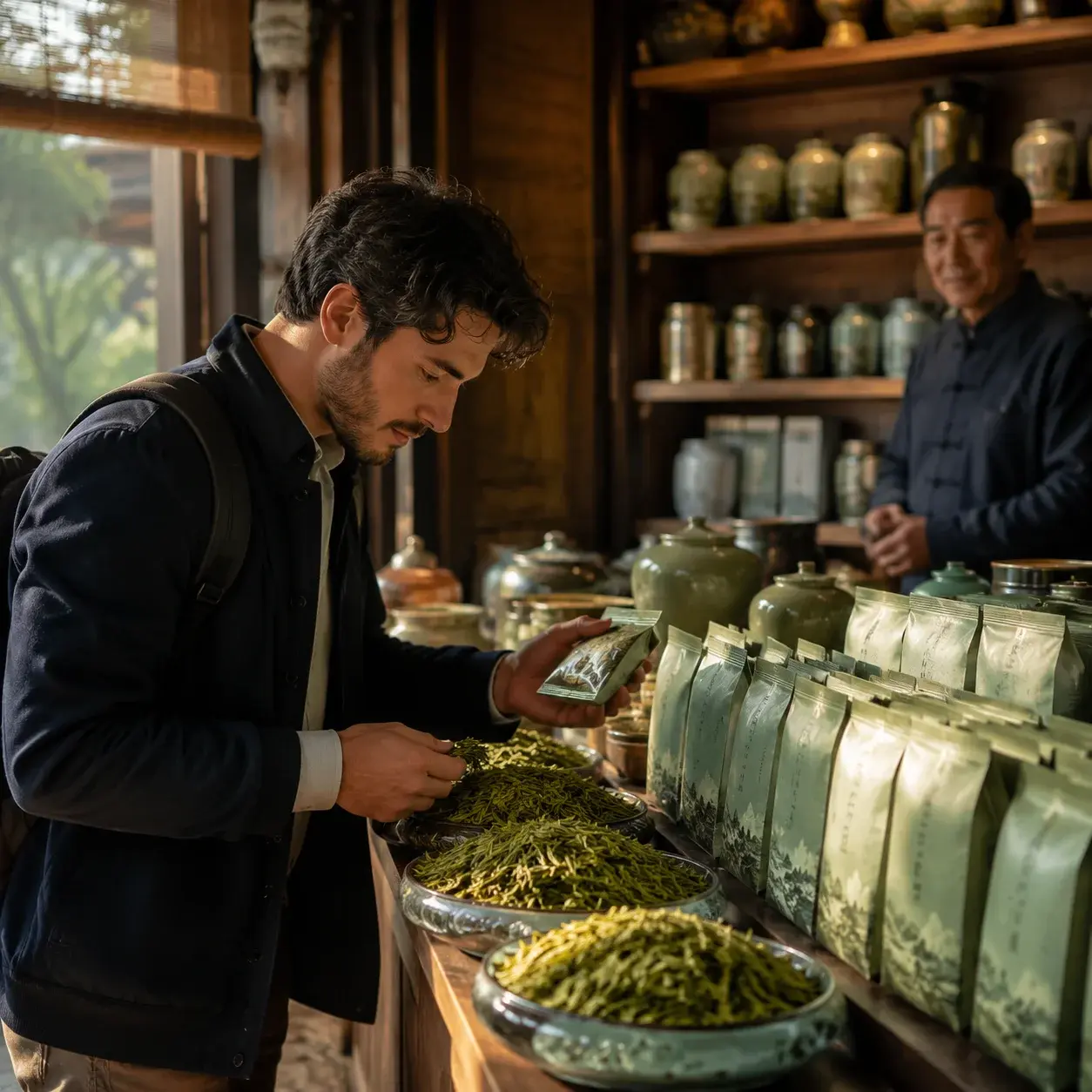 A traveler examines sealed Longjing tea packages and loose green tea leaves inside a traditional tea shop in Hangzhou.