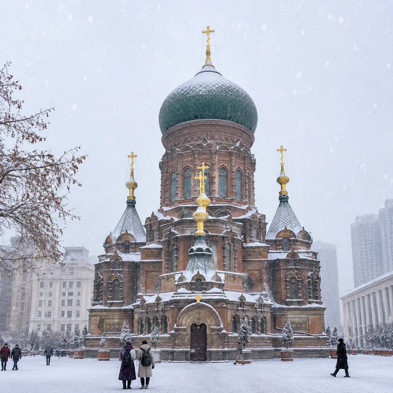 St. Sophia Cathedral in Harbin with its green dome dusted in falling snow
