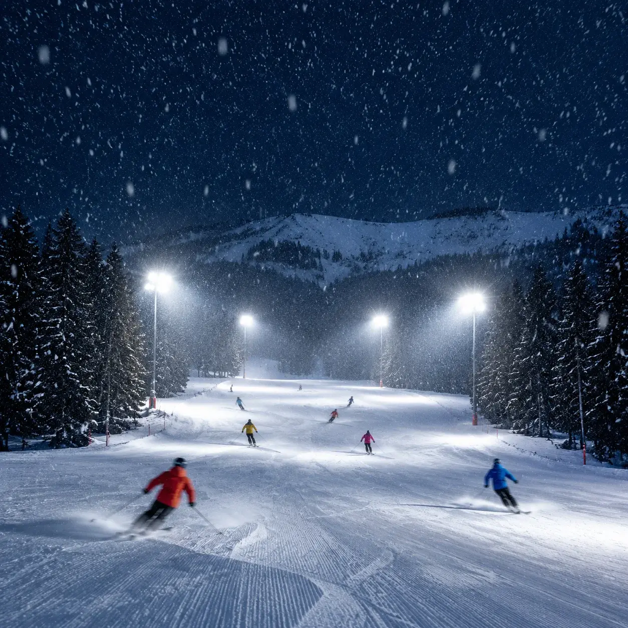 Night skiing on a floodlit piste at a Chinese ski resort
