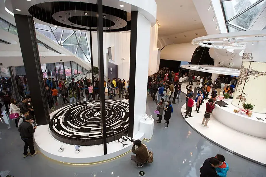 The circular interior display floor of the flagship store