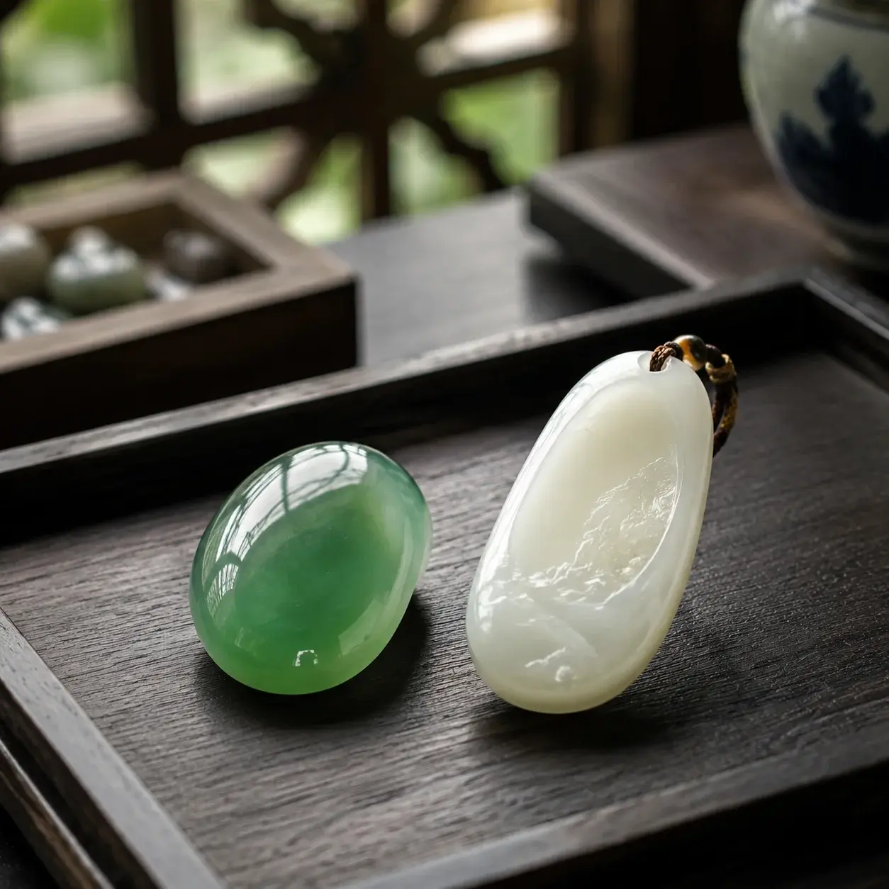 Two polished jade pieces side by side: a vivid green jadeite stone and a creamy white Hetian nephrite pendant on a wooden surface