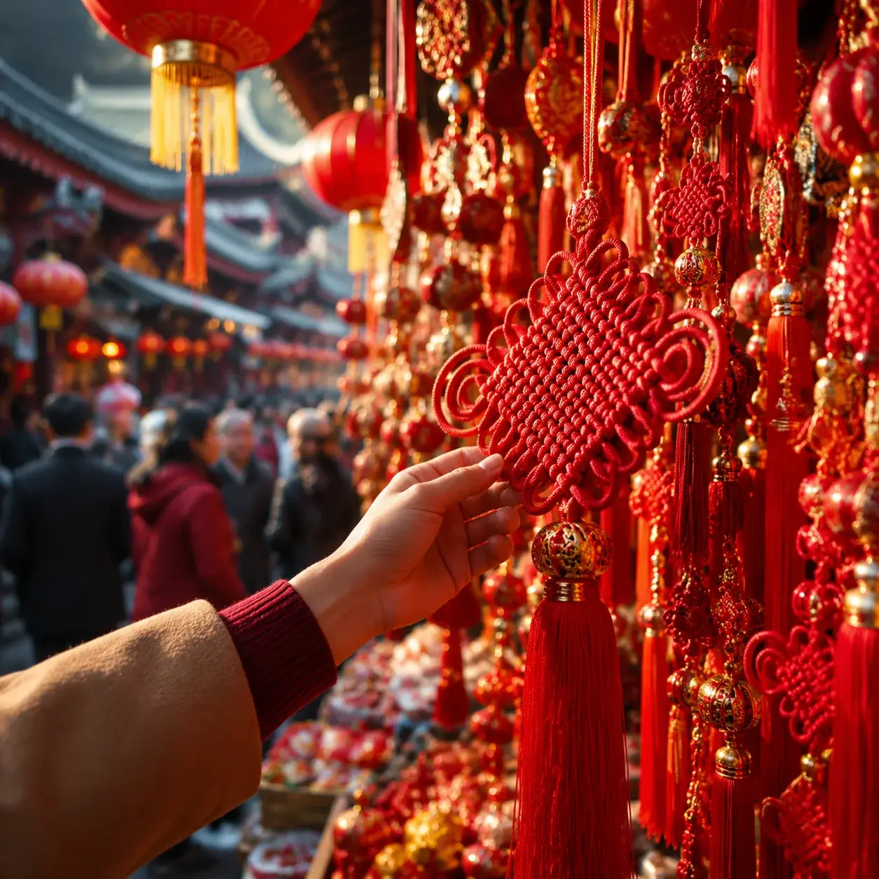 A traveler reaches toward red Chinese knots and tasselled charms hanging in a busy Chinese market stall.
