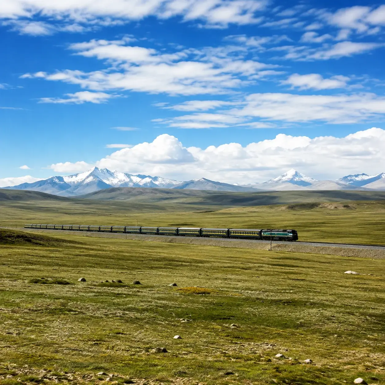 Ein Zug durchquert das tibetische Hochland – bei der Einreise per Bahn wird eine farbige Fotokopie des Tibet-Reisegenehmigungsdokuments akzeptiert