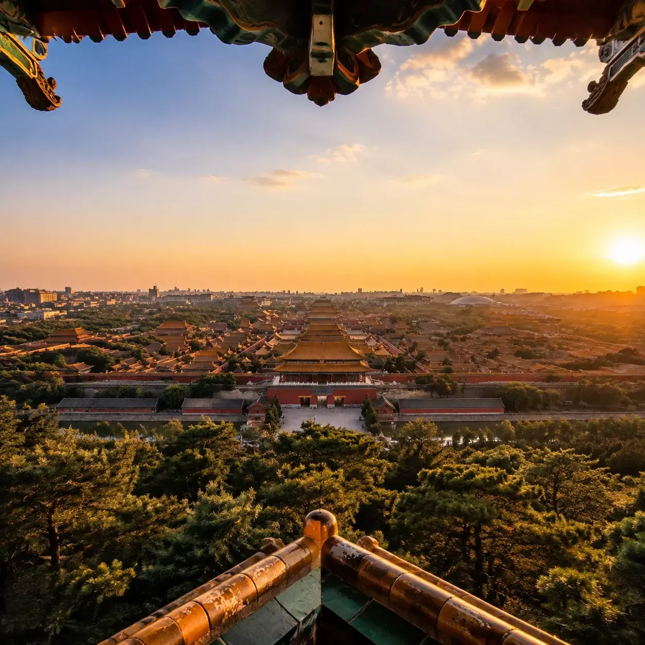 The golden roofs of the Forbidden City seen from Jingshan Park in Beijing at sunset