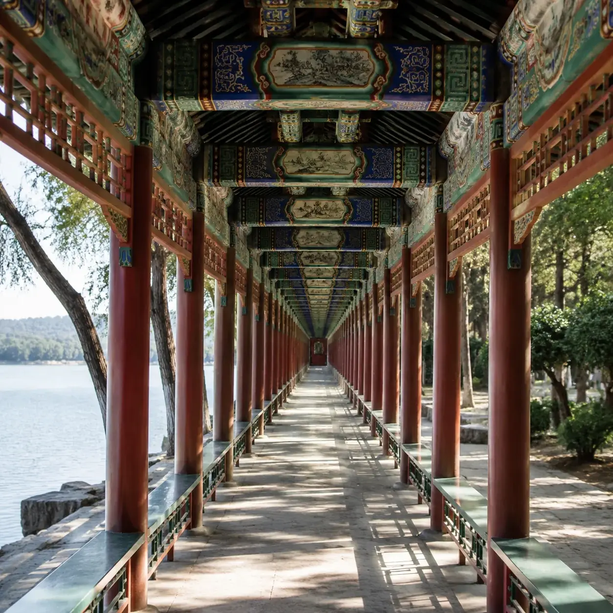 北京頤和園內彩繪的長廊步道