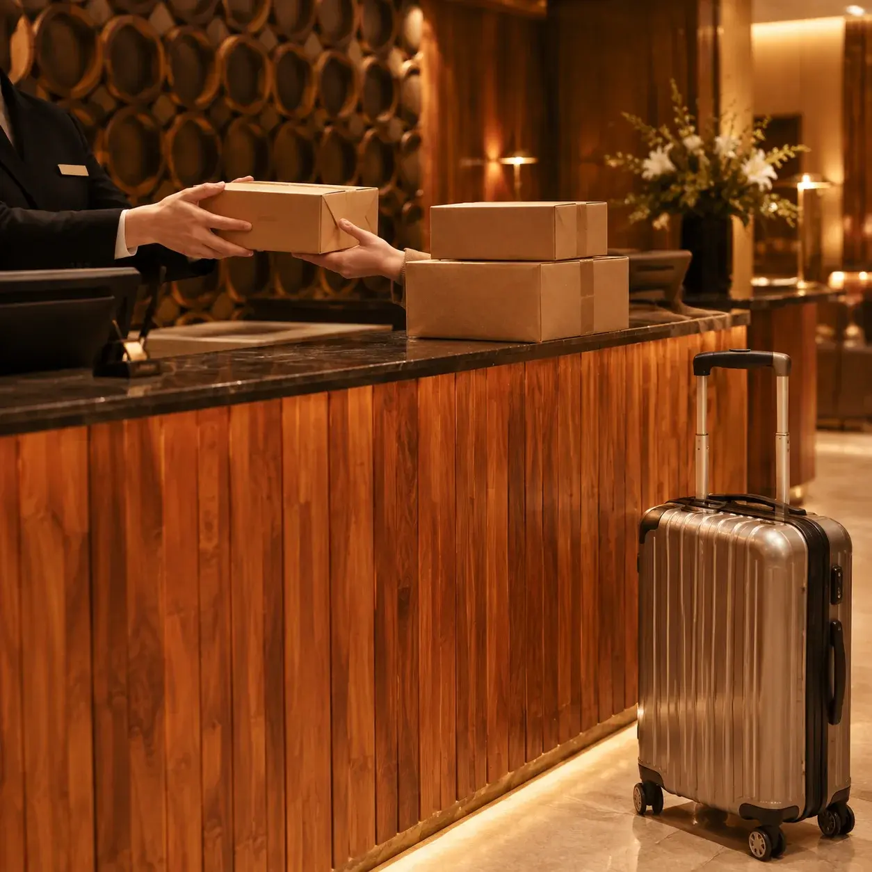 Parcels waiting at a hotel reception desk in China next to a newly bought suitcase.