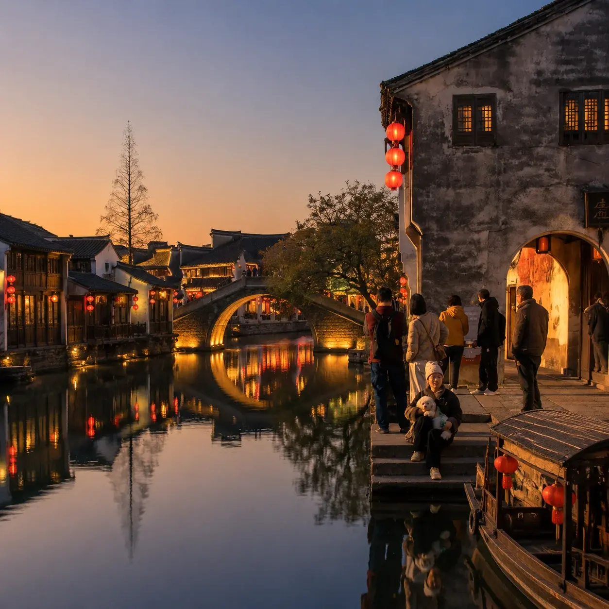 Un canal de ville d'eau du Jiangnan au crépuscule — Xitang et Nanxun figurent toutes deux sur la liste des sites exonérés