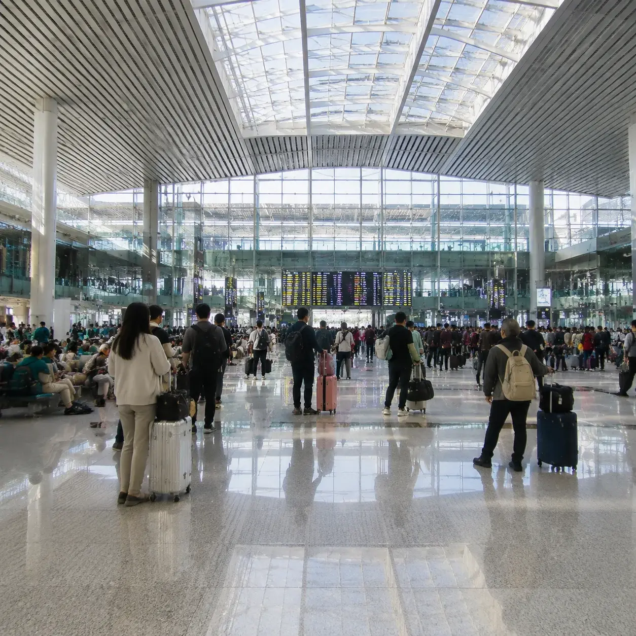 Travellers waiting inside a Chinese high-speed railway station concourse
