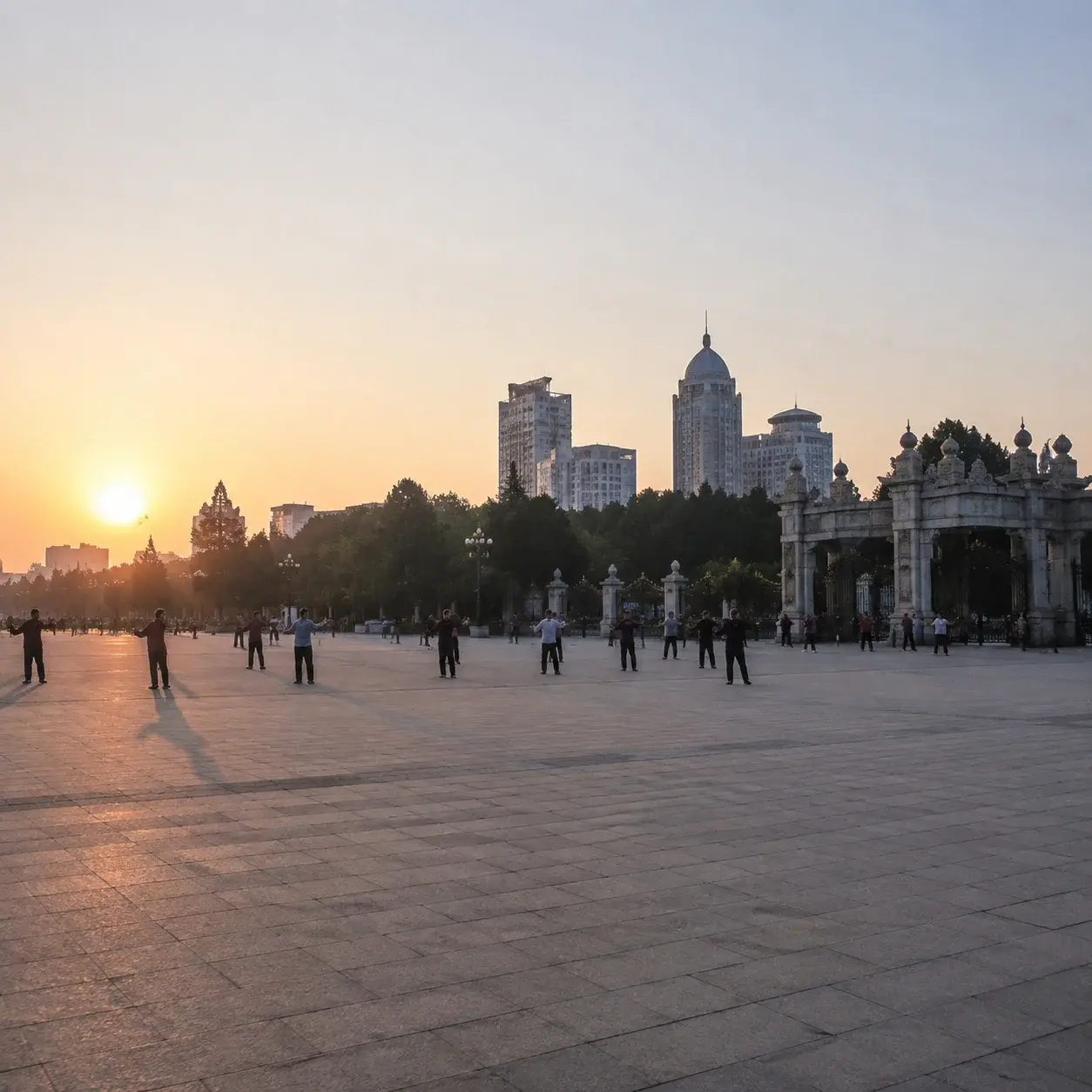 公園門外無樹的鋪裝地面——早晨舞蹈隊形的所在之處