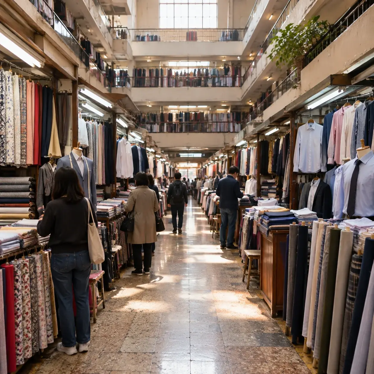 Tailoring stalls along a walkway inside Shanghai's South Bund Fabric Market.