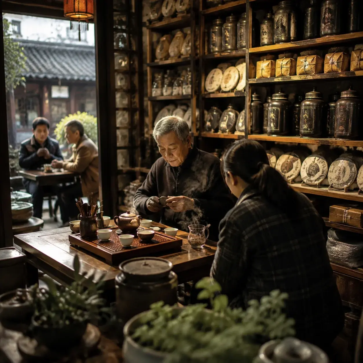 A Beijing tea shop on Maliandao lined with tea tins and a tasting table