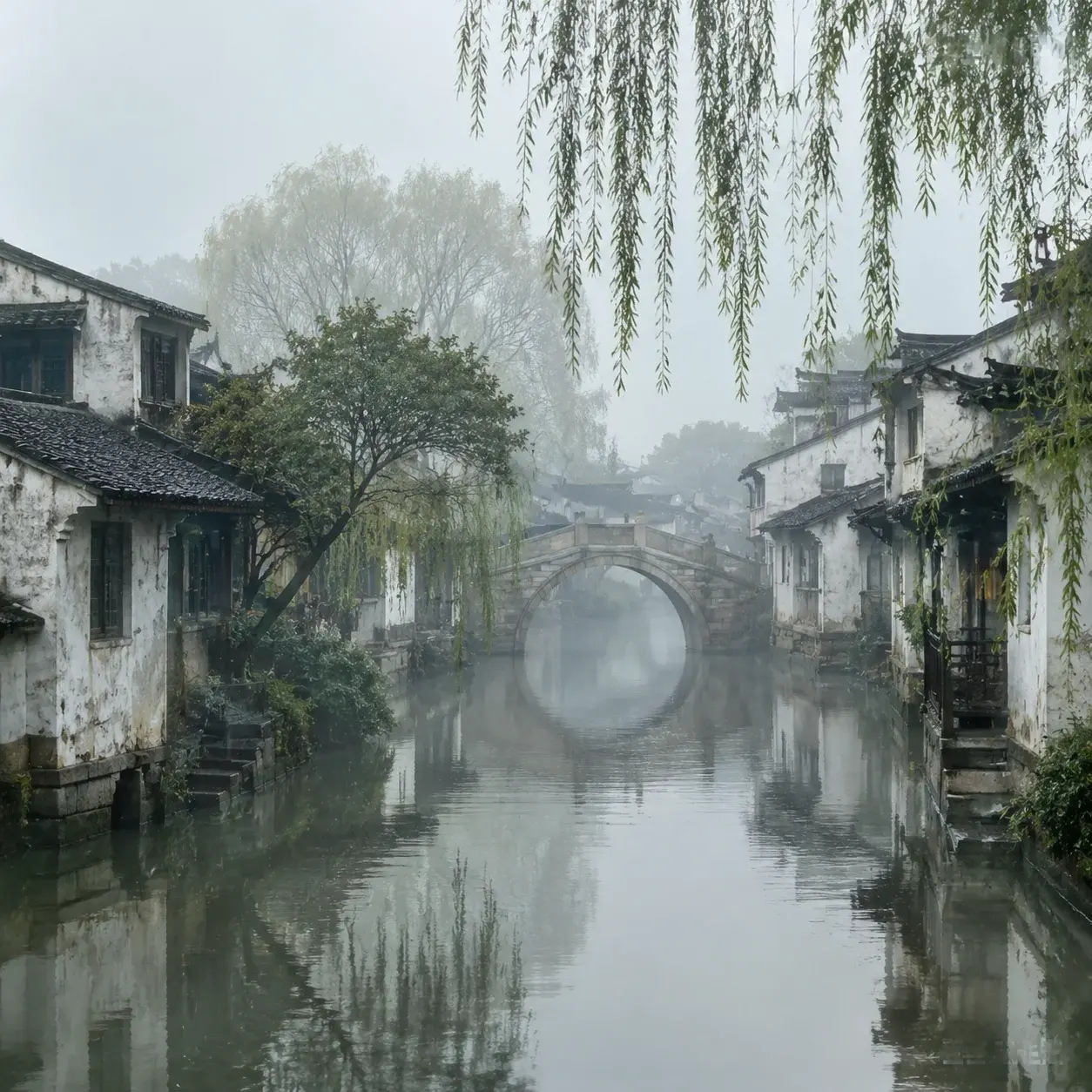 Mist over a Jiangnan water town canal with a stone bridge and whitewashed houses at dawn