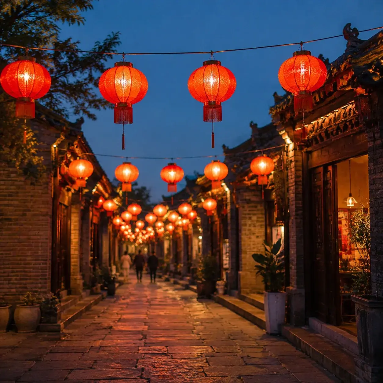 Red lanterns strung above a historic Chinese street at dusk during a public holiday