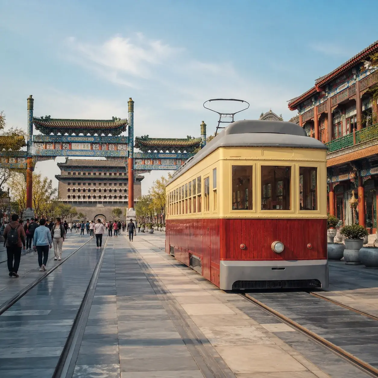 The nostalgic Dangdang tram running the length of the Qianmen pedestrian avenue
