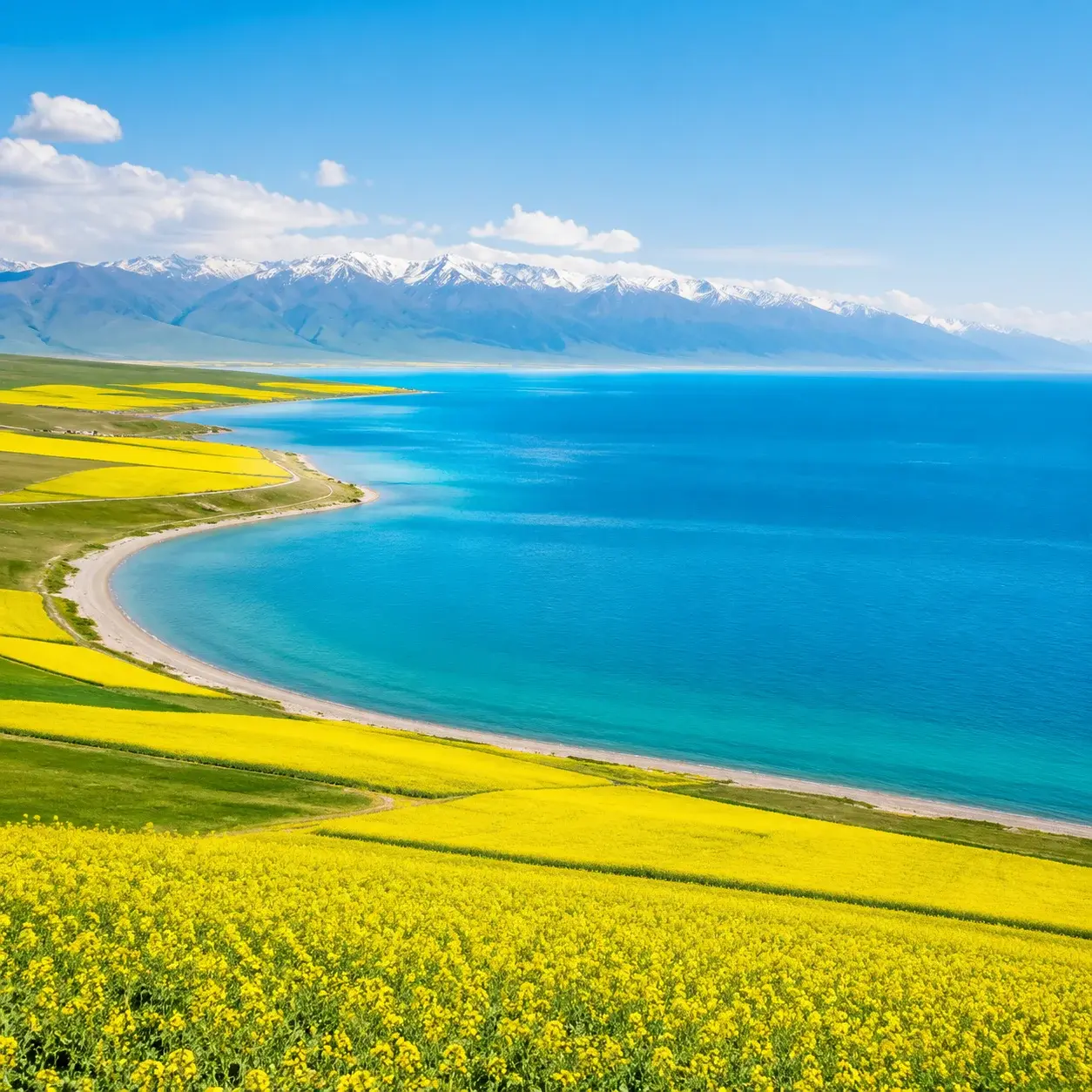 Qinghai Lake ringed by golden rapeseed fields under a clear summer sky