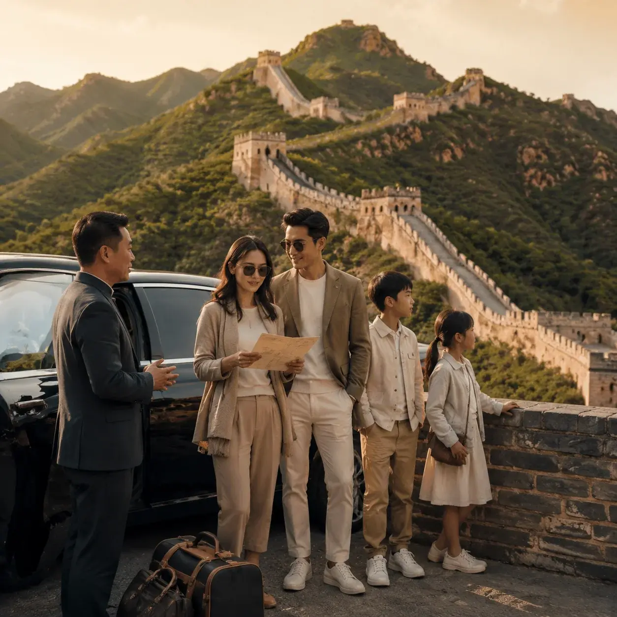 A multigenerational family with a private guide and chauffeur pauses beside a black car at a scenic overlook near the Great Wall of China.