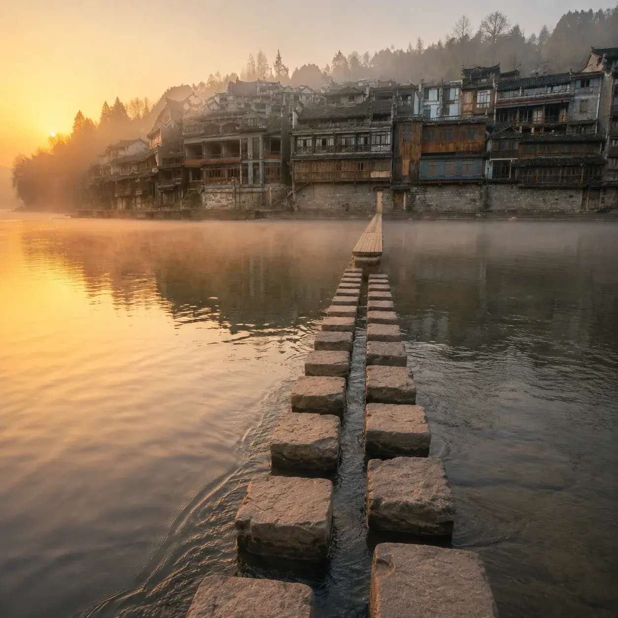 Mist over the empty Tuo River and its stone stepping stones at dawn in Fenghuang