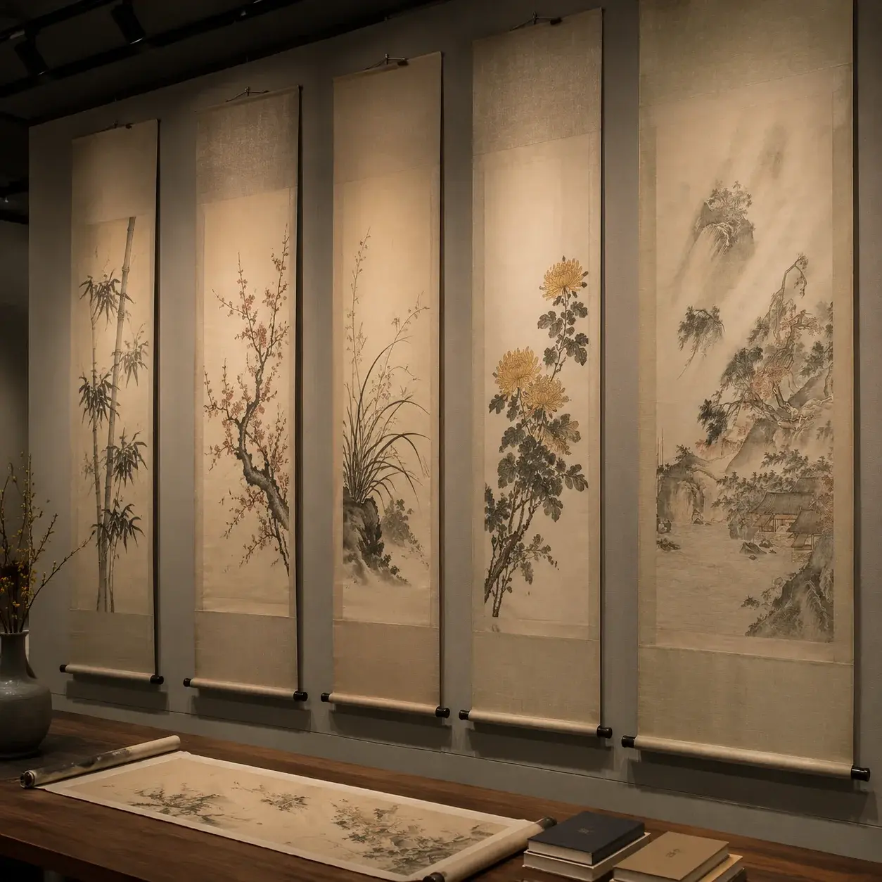 Several Chinese hanging scrolls in a gallery show bamboo, plum blossom, orchid, chrysanthemum, and a landscape in ink brush style.
