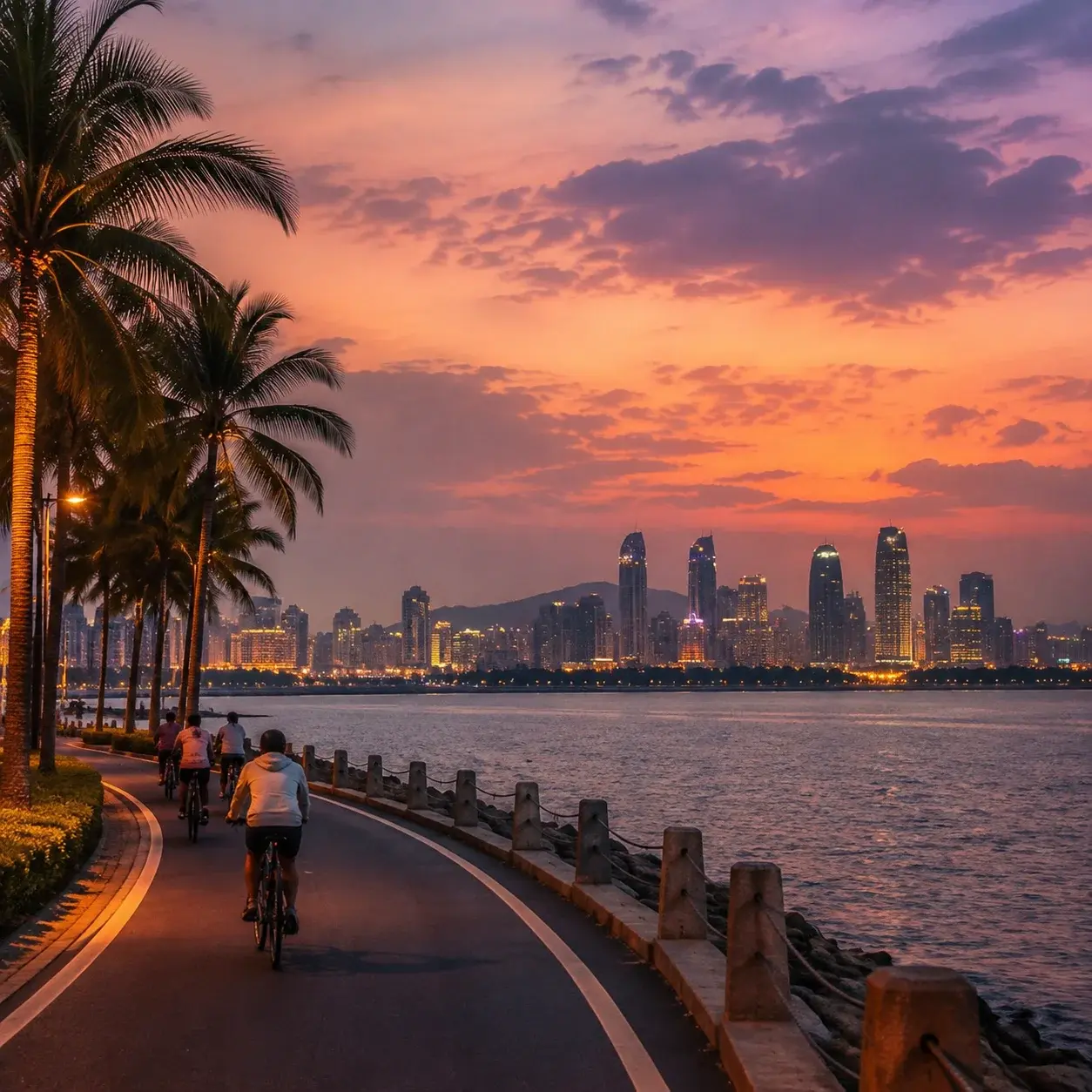 Xiamen's coastal ring road at dusk — the day-three route of a three-day itinerary