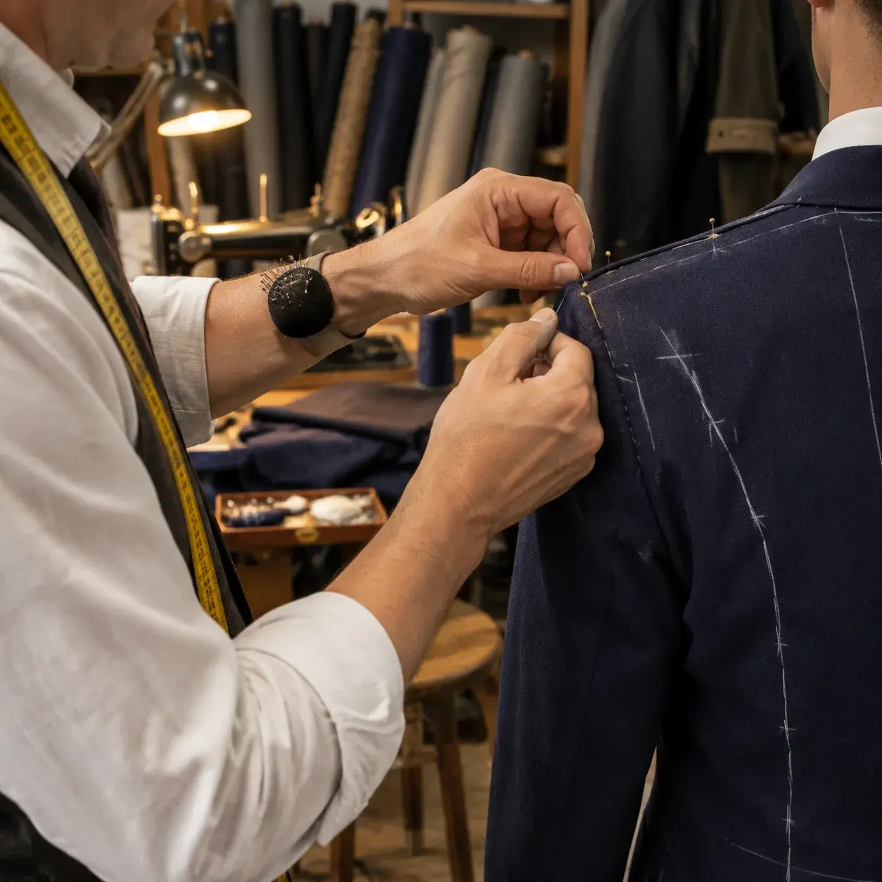 A tailor pinning a half-made jacket during a fitting.