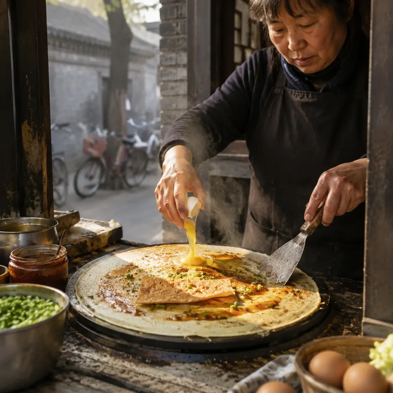 A vendor griddling a jianbing savory crepe at a Beijing hutong breakfast window