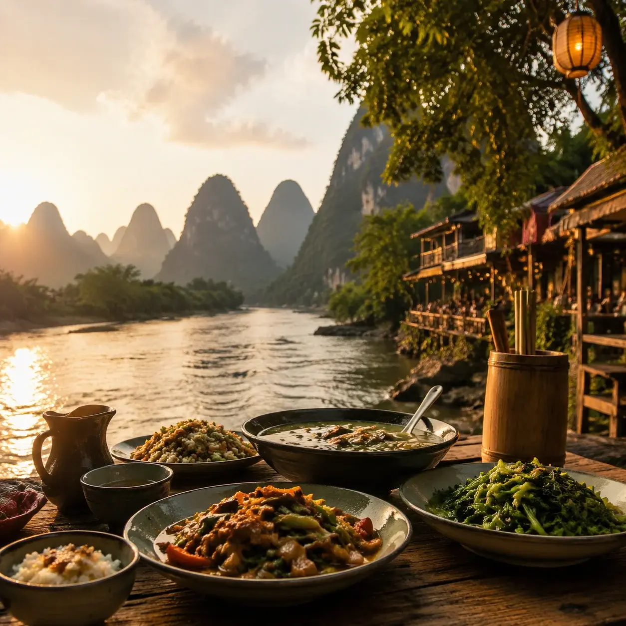 Riverside dining below Yangshuo's karst peaks