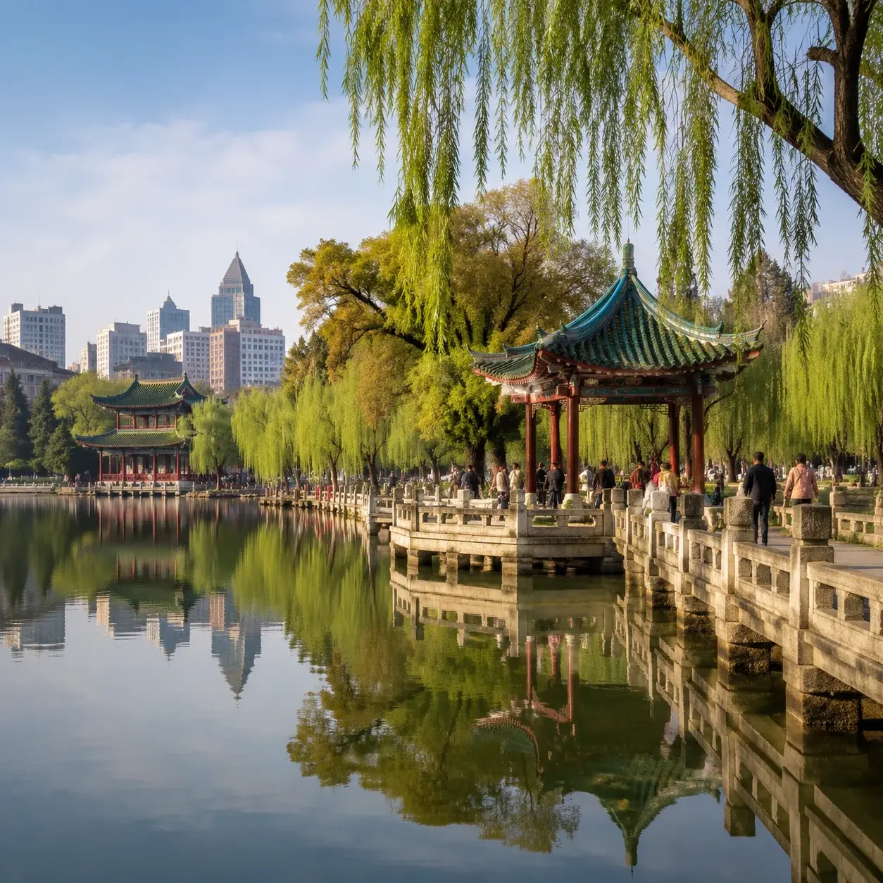 Willow causeways and pavilions at Green Lake Park in central Kunming