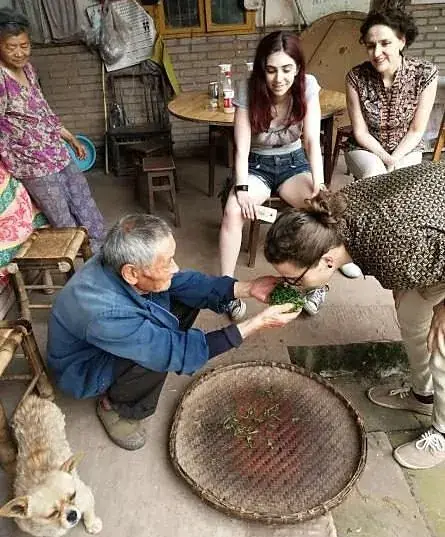 Guests sitting with local residents in an old courtyard